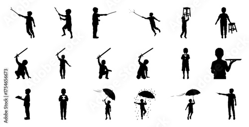 Children playing with sticks swords and umbrellas silhouette