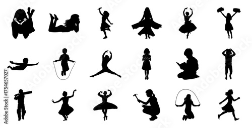 Children silhouettes diverse activities black white