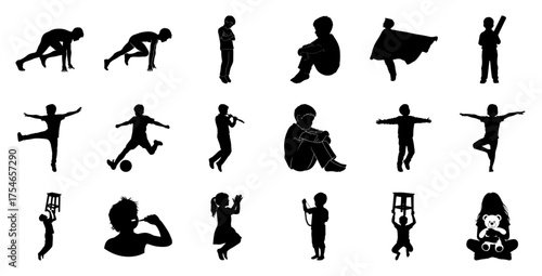 Children silhouettes diverse activities running playing