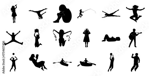 Children silhouettes diverse activities singing dancing