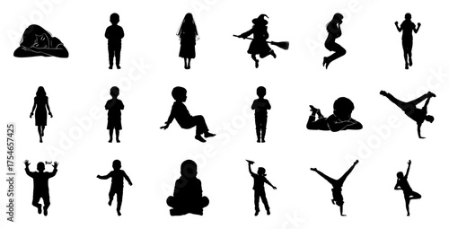 Children silhouettes diverse poses actions sleeping