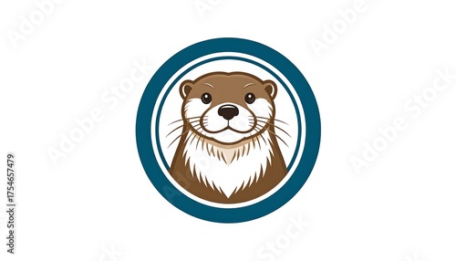 A stylized illustration featuring a friendly river otter's face, enclosed in concentric blue circles, set against a white backdrop
