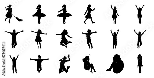 Children silhouettes in various poses actions jumping