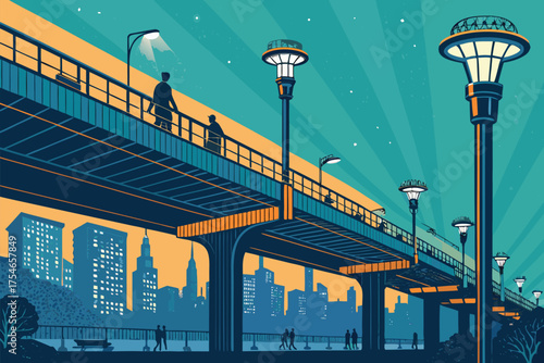 A stylized cityscape viewed from under an elevated walkway at night.