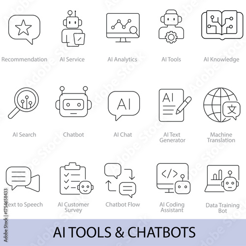 AI Tools and Chatbots Line Icons — Voice Assistant, Machine Translation, and Text Generator Vector Collection  | Vector Set in AI, EPS, SVG | Designed in Adobe Illustrator