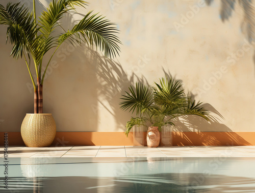 Serene outdoor pool area with concrete backdrop and palm shadows, ideal for product placement