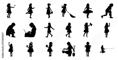Children silhouettes various activities girls playing