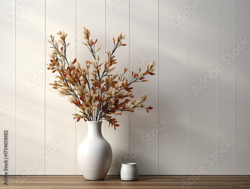 White classic wall with elegant molding, brown parquet floor, and a minimalistic home décor