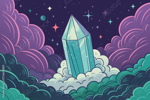 A giant crystal emerges from cosmic clouds under a starry sky.