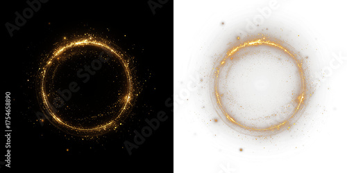 Golden sparkles forming a circular overlay on contrasting backgrounds, creating a magical effect for design projects, enhancing visual storytelling and creativity