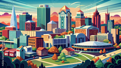 Very beautiful aerial panorama of downtown Greensboro, North Carolina, USA, showcasing modern skyscrapers, green spaces, and the vibrant urban skyline surrounded by peaceful neighborhoods and rolling 
