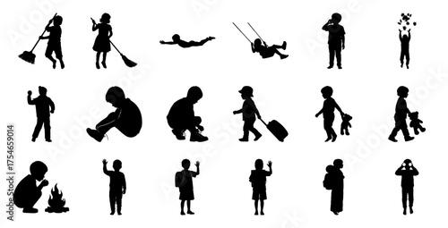 Children silhouettes various activities playing sweeping