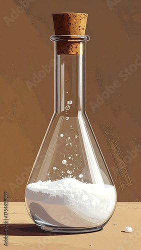 Artistic depiction of a laboratory flask, filled with white powder, sealed with a cork