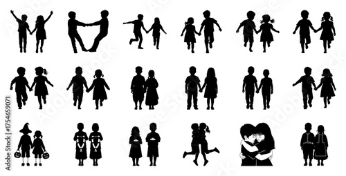 Children silhouettes various poses boys girls