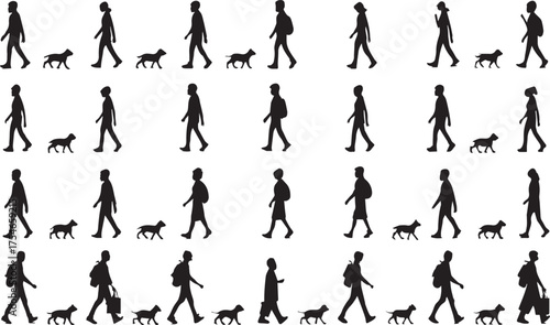 Silhouettes of people walking with and without dogs graphic illustration