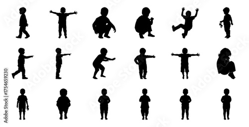 Children silhouettes various poses standing crouching