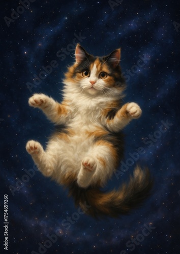 Fluffy cat floating universe wallpaper.