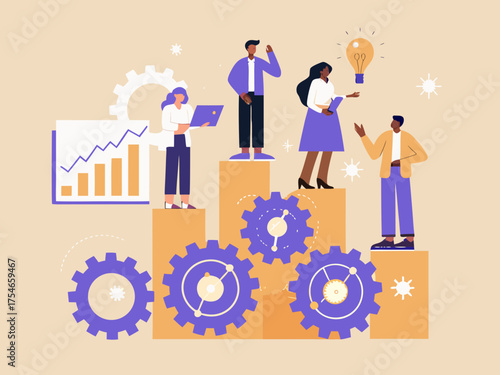 Diverse team collaborates on innovative business strategy with gears and growth chart
