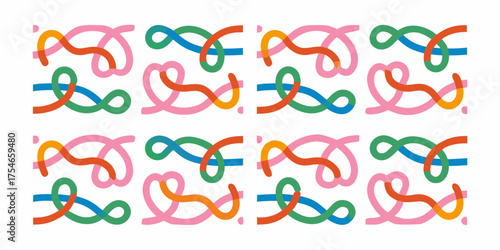 Playful abstract pattern with colorful intertwined ribbons on a white background