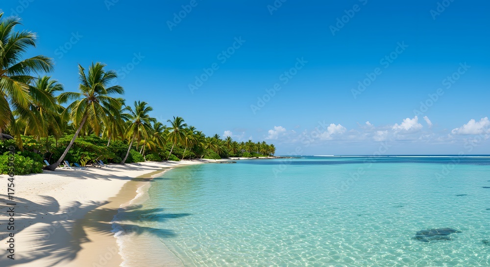 Naklejka premium Paradise Shore: An idyllic beach scene unfolds, with turquoise waters meeting the pristine sands. Lush palm trees sway gently under a clear, azure sky, evoking a sense of tranquility.