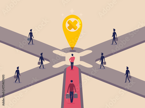 Business people at a crossroads with a prominent destination marker symbolizing success and opportunity
