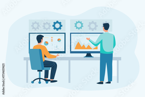 Two businessmen analyzing data charts and graphs on computer screens in a modern office setting