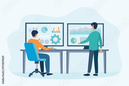Two people collaborating and analyzing data on large computer screens showing charts and graphs