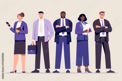 Diverse group of business professionals standing together in a line wearing suits and professional attire