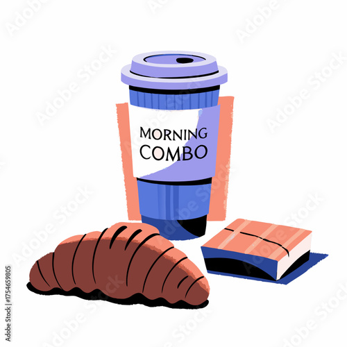 Vector illustration of a coffee cup and croissant morning combo