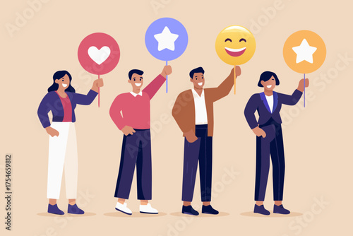 Diverse group of people holding up signs with positive feedback icons like a heart stars and a smiley face