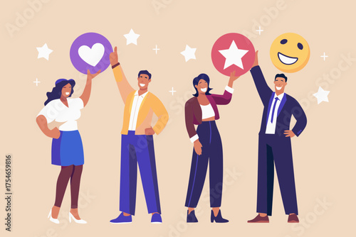 Diverse group of people celebrating success and positive feedback with icons representing love stars and happiness