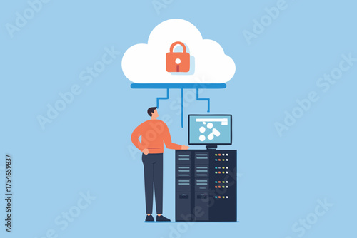 Man managing secure cloud data with servers and computer interface