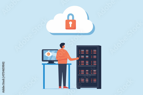 Man working with computer and server rack under a cloud with a padlock symbolizing data security