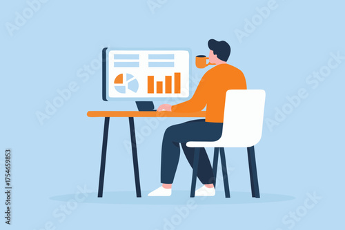 Man working on computer with charts and graphs drinking coffee at desk
