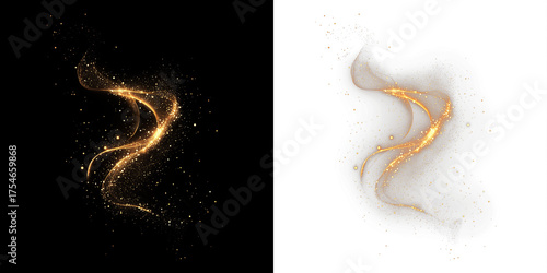 Golden sparkles and shimmering light trails swirl gracefully against contrasting black and white backgrounds, creating a mesmerizing visual effect for artistic and design applications