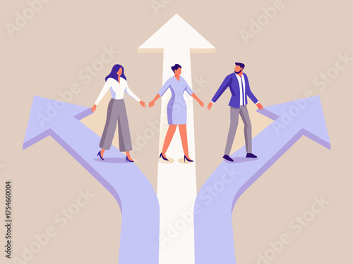 Diverse team members holding hands and walking together on diverging arrows representing different paths and future