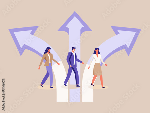 Business people walking on different paths indicating choices and decisions at a crossroads