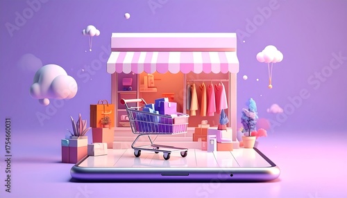 A stylized digital storefront sitting atop a smartphone, filled with shopping bags, clothes, and a shopping cart