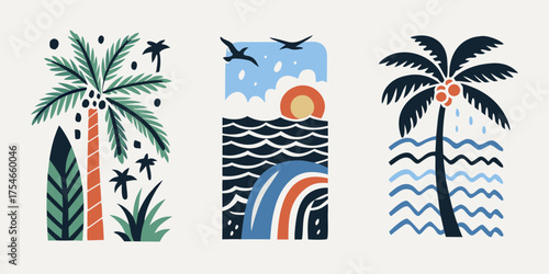 Tropical beach scenes with palm trees ocean waves and a rainbow in a modern flat design style