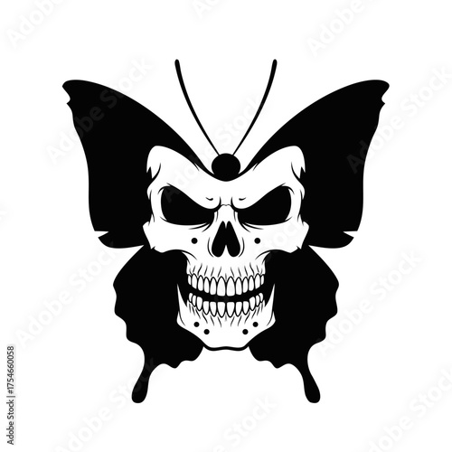 Spooky Halloween Skull Butterfly Illustration with Scary Face, Symbolizing Transformation and the Macabre