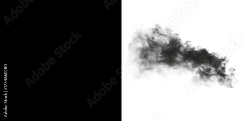 Black smoke overlay on white background, creating a dramatic contrast, ideal for graphic design projects, enhancing visual storytelling and artistic expression