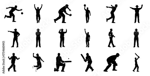 Cricket players and umpires in action silhouette