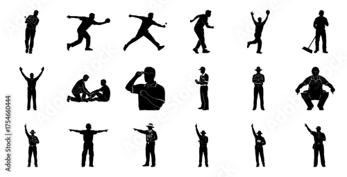 Cricket players and officials silhouettes umpire bowler