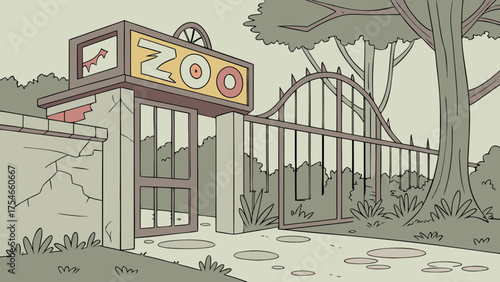 Illustration of a zoo entrance with a cracked sign and metal gates under a large tree canopy scene