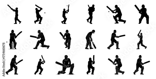 Cricket players batting action silhouettes batsman