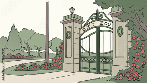 Illustration of the zzo zoo entrance with a gate, stone pillars, and surrounding greenery and flower bushes