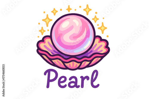 Enchanted Pearl Sparkles. Colorful doodle enchanted pearl in pink and white with glowing golden sparkles, center word “Pearl”,