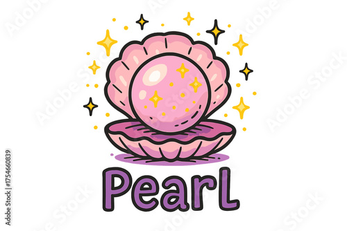 Enchanted Pearl Sparkles. Colorful doodle enchanted pearl in pink and white with glowing golden sparkles, center word “Pearl”,