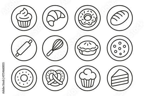 Bakery Icon Collection. Line style round icons of bakery items: cupcake, croissant, donut, bread; rolling pin, whisk, pie, cookie;