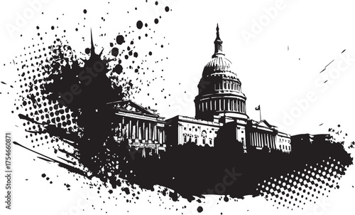 United States Capitol Building Vector with Grunge and Splatter Effect